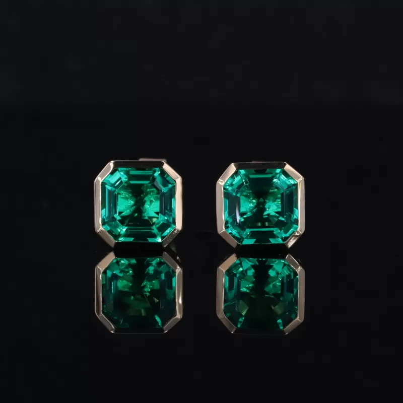 6×6mm Asscher Cut Lab Grown Emerald Bezel Set 14K Yellow Gold Diamond Stud Earrings