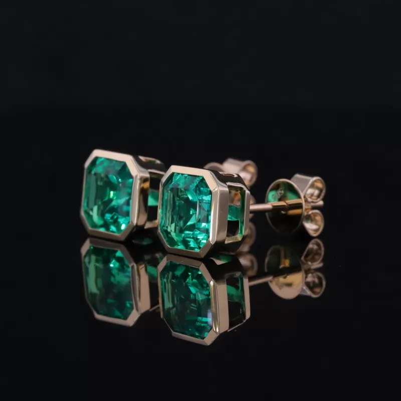 6×6mm Asscher Cut Lab Grown Emerald Bezel Set 14K Yellow Gold Diamond Stud Earrings