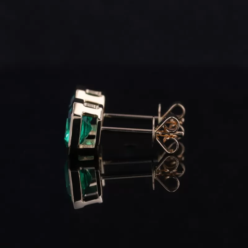 6×6mm Asscher Cut Lab Grown Emerald Bezel Set 14K Yellow Gold Diamond Stud Earrings