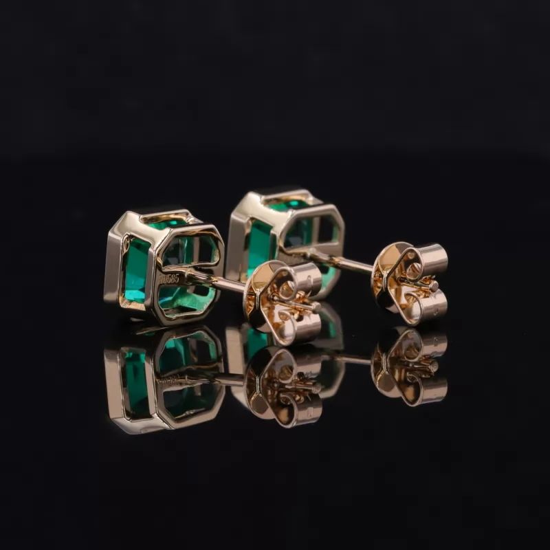 6×6mm Asscher Cut Lab Grown Emerald Bezel Set 14K Yellow Gold Diamond Stud Earrings