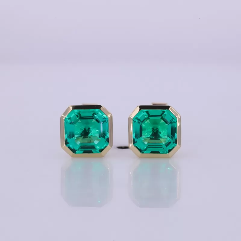 6×6mm Asscher Cut Lab Grown Emerald Bezel Set 14K Yellow Gold Diamond Stud Earrings