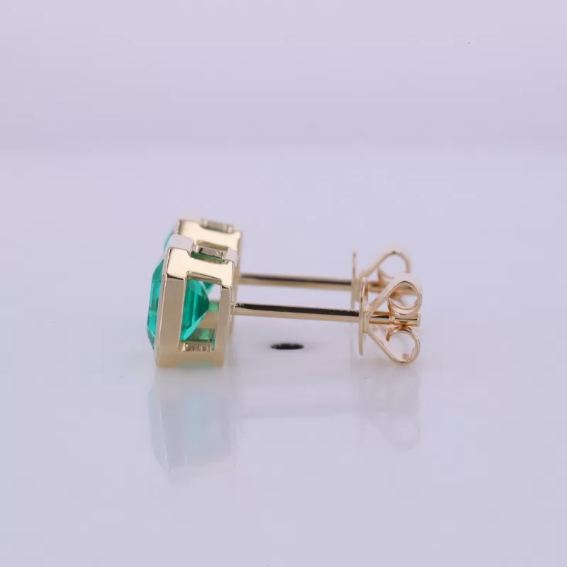 6×6mm Asscher Cut Lab Grown Emerald Bezel Set 14K Yellow Gold Diamond Stud Earrings