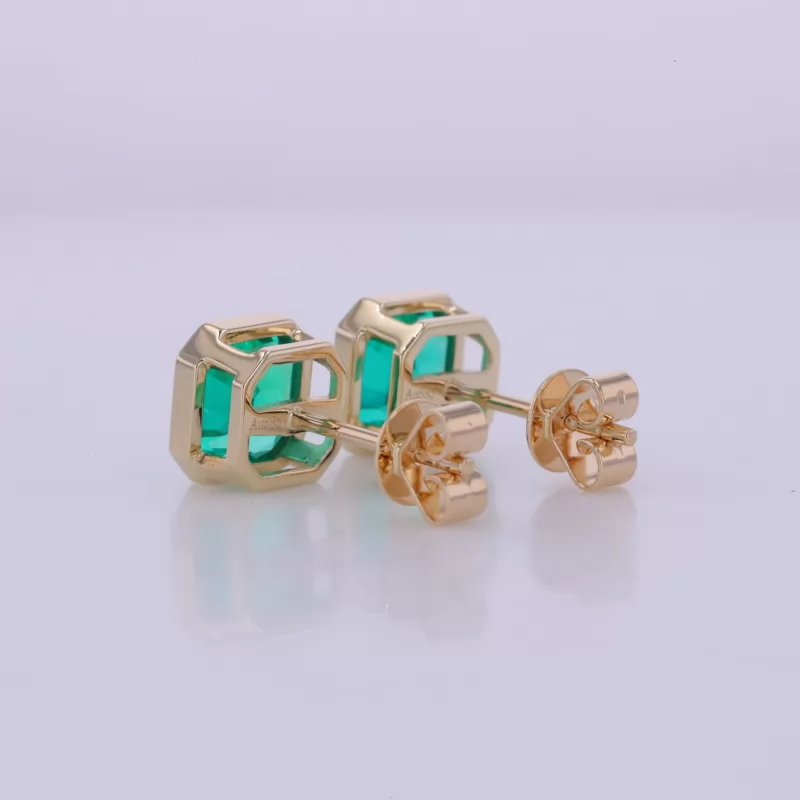 6×6mm Asscher Cut Lab Grown Emerald Bezel Set 14K Yellow Gold Diamond Stud Earrings