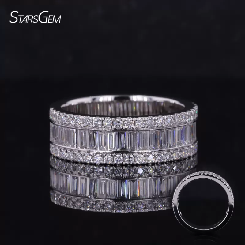 14K Solid White Gold 1.5x3mm Baguette Step Cut Melee Lab Grown Diamond & 1mm Round Cut Melee Diamond Men's Eternity Band Wedding Ring