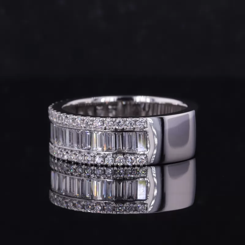 14K Solid White Gold 1.5x3mm Baguette Step Cut Melee Lab Grown Diamond & 1mm Round Cut Melee Diamond Men's Eternity Band Wedding Ring