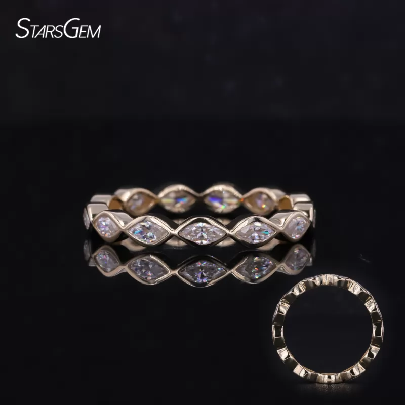 Bezel Set 2x4mm Marquise Cut Moissanite Diamond 14K Yellow Gold Wedding Band Eternity Ring