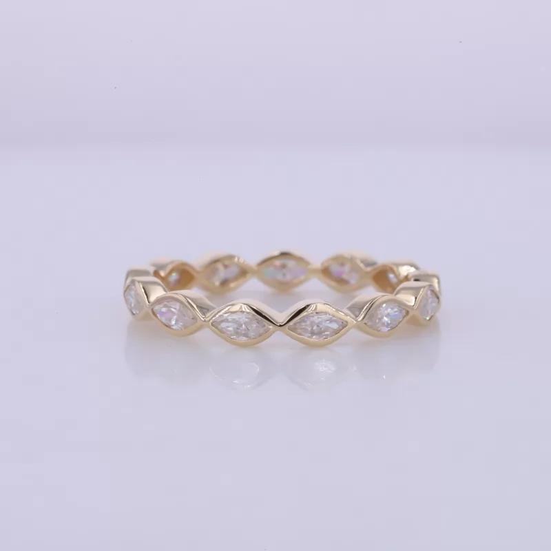 Bezel Set 2x4mm Marquise Cut Moissanite Diamond 14K Yellow Gold Wedding Band Eternity Ring