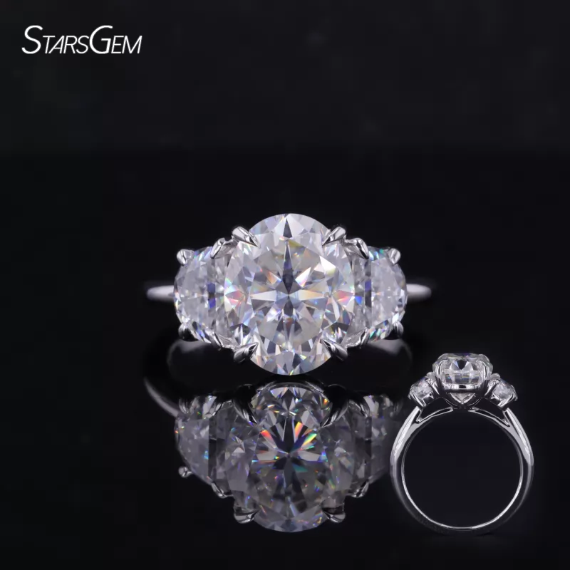 8×10mm Oval Cut Moissanite & 3×5mm Half Moon Shape Moissanite 14K White Gold Three Stone Engagement Ring