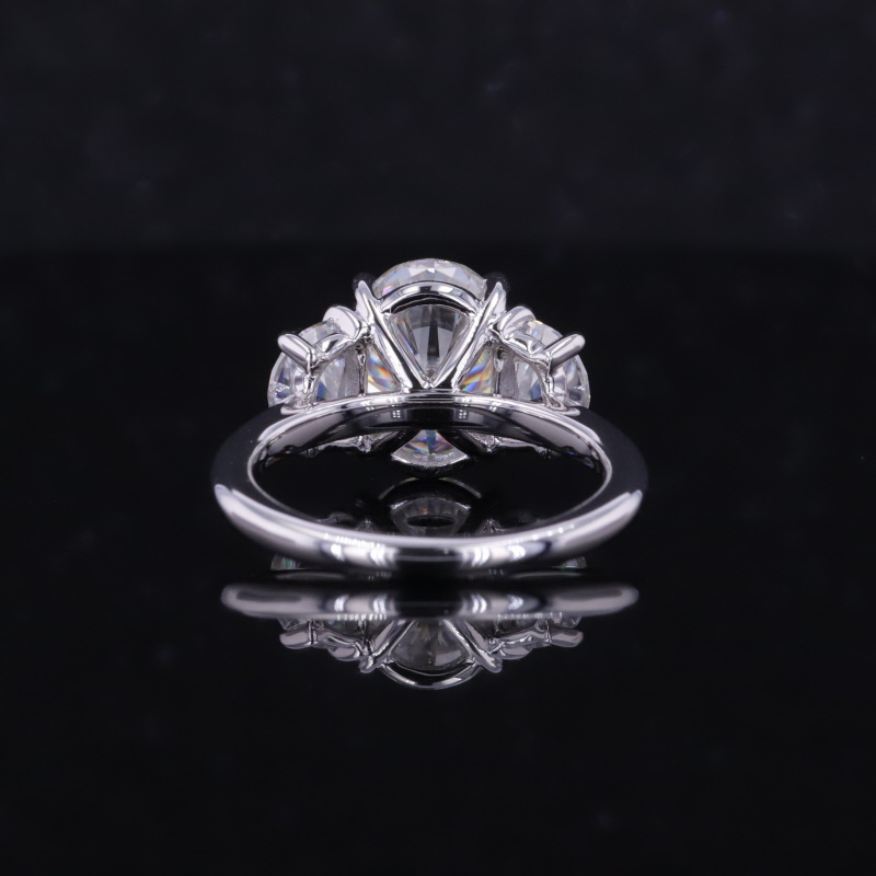 Three Stone Type 8×10mm Oval Cut Moissanite with 3*5mm Half Moon Shape Moissanite 14K White Gold Engagement Ring