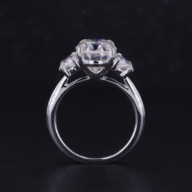 Three Stone Type 8×10mm Oval Cut Moissanite with 3*5mm Half Moon Shape Moissanite 14K White Gold Engagement Ring