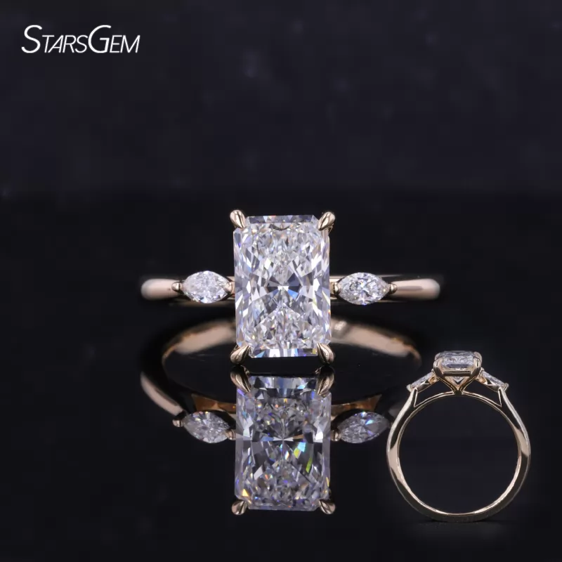 9.13×6.14mm Radiant Cut Lab Grown Diamond 14K Yellow Gold Three Stone Engagement Ring