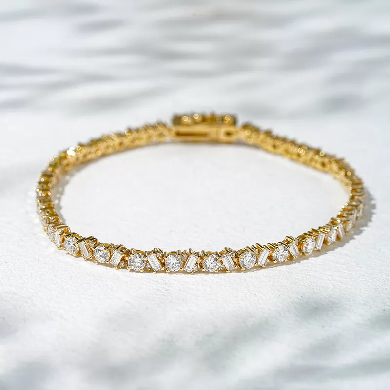 1.5x3mm Baguette Step Cut Lab Diamond and 3.2mm Round Brilliant Cut Lab Grown Diamond 18K Solid Gold Tennis Bracelet