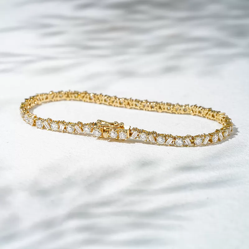 1.5x3mm Baguette Step Cut Lab Diamond and 3.2mm Round Brilliant Cut Lab Grown Diamond 18K Solid Gold Tennis Bracelet