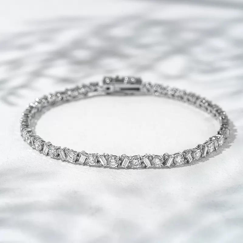 1.5x3mm Baguette Step Cut Lab Diamond and 3.2mm Round Brilliant Cut Lab Grown Diamond 18K Solid Gold Tennis Bracelet