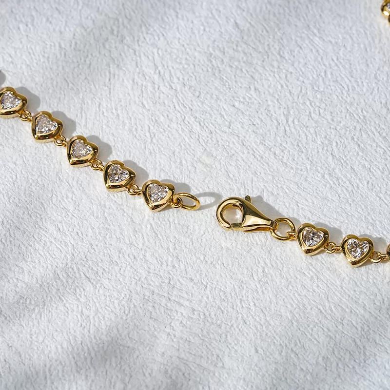 18K Gold Bezel Set Heart Cut Lab Grown Diamond Chain Link Bangles Tennis Bracelet