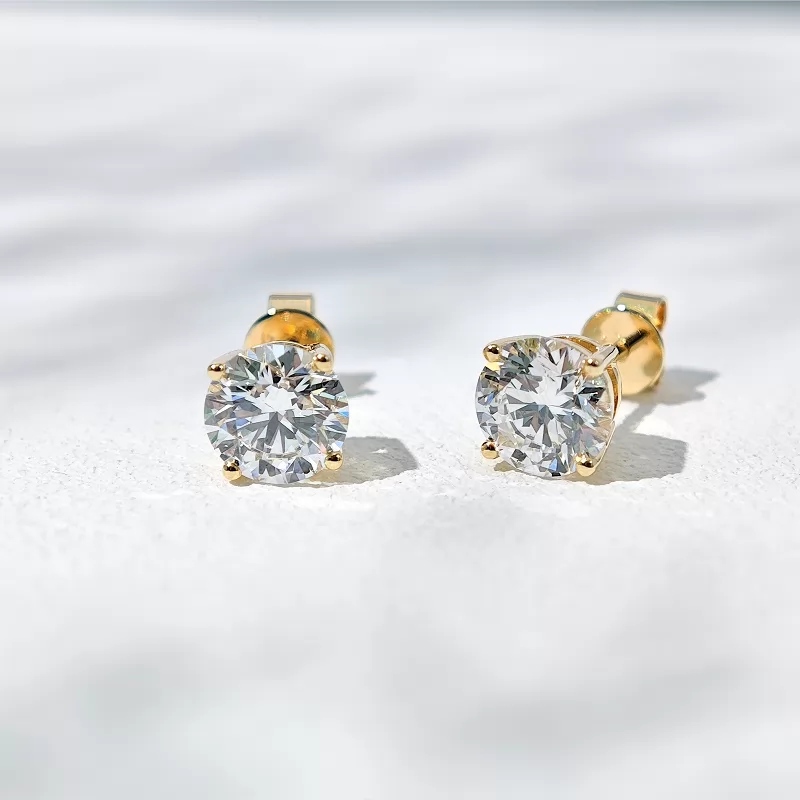 6.7mm Round Brilliant Cut Lab Grown Diamond Basket Set 14K 18K Gold Diamond Stud Earrings