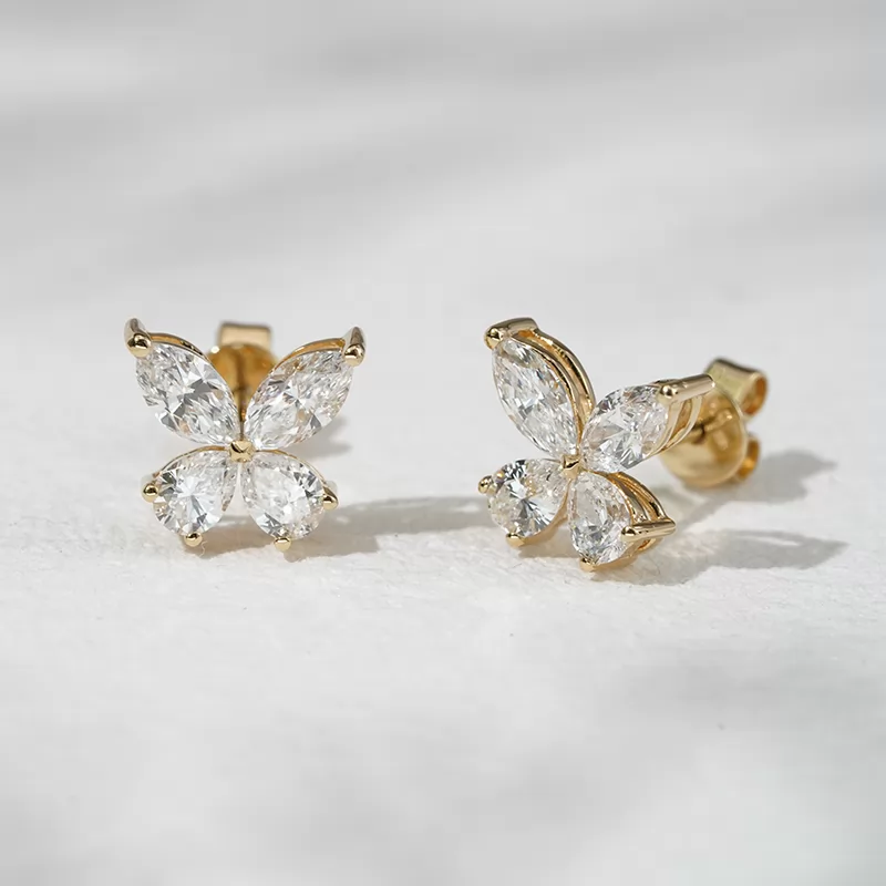 3×6mm Marquise Cut & 3×4mm Pear Cut Lab Grown Diamond Butterfly Shape 18K Gold Diamond Stud Earrings