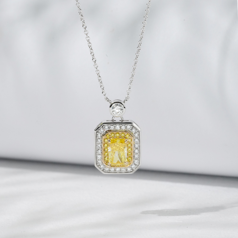 Halo Set 0.8 Carat Radiant Cut Yellow Lab Grown Diamond Pendant 18K Gold Necklace