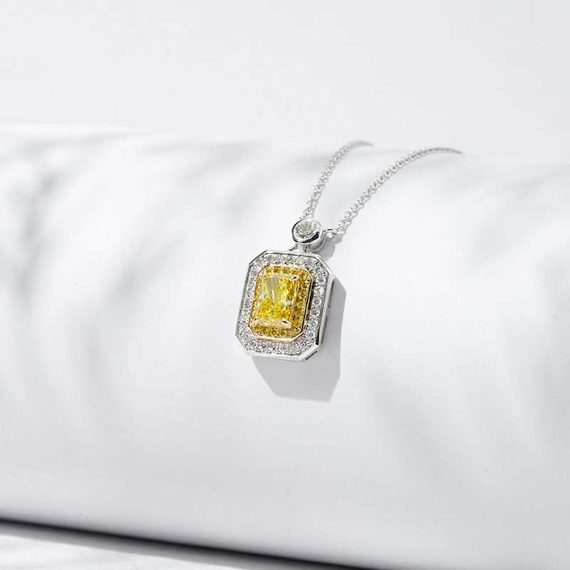 Halo Set 0.8 Carat Radiant Cut Yellow Lab Grown Diamond Pendant 18K Gold Necklace