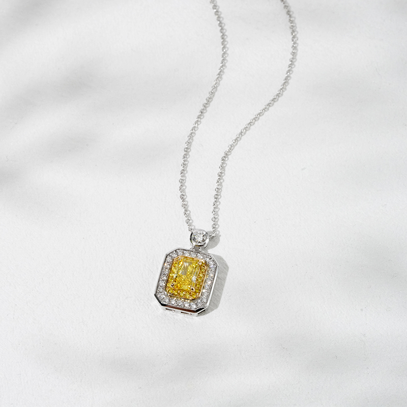 Halo Set 0.8 Carat Radiant Cut Yellow Lab Grown Diamond Pendant 18K Gold Necklace