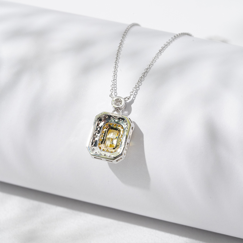 Halo Set 0.8 Carat Radiant Cut Yellow Lab Grown Diamond Pendant 18K Gold Necklace