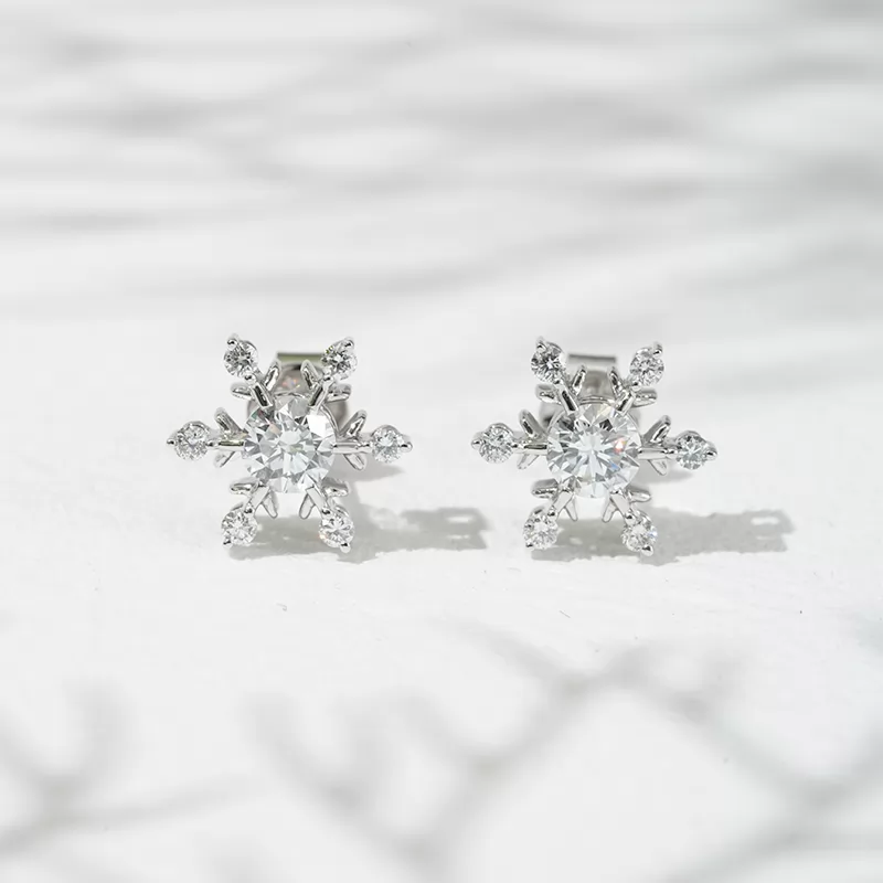 4.1mm Round Brilliant Cut Lab Grown Diamond Snowflake Shape 18K Gold Diamond Stud Earrings