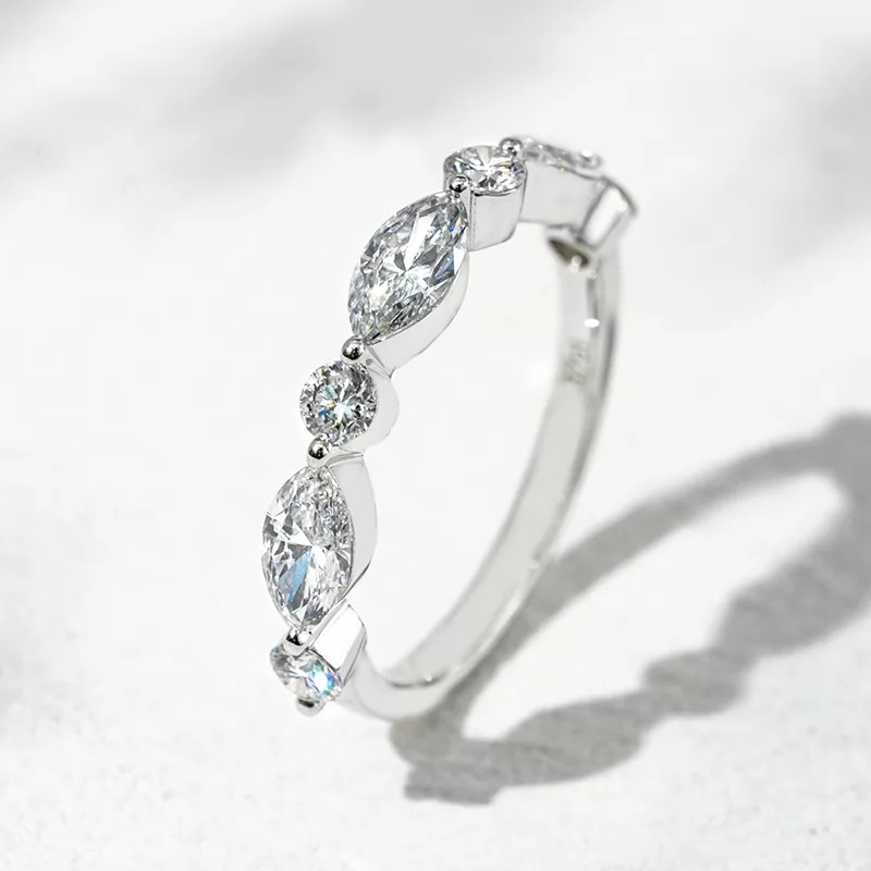 18K White Gold Half circle Diamond with Marquise and Round Cut Lab Diamond Eternity Ring