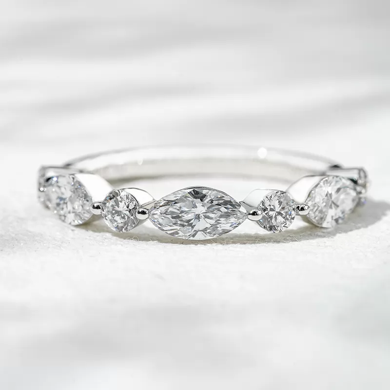 18K White Gold Half circle Diamond with Marquise and Round Cut Lab Diamond Eternity Ring