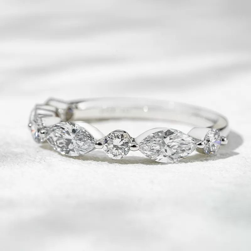 18K White Gold Half circle Diamond with Marquise and Round Cut Lab Diamond Eternity Ring