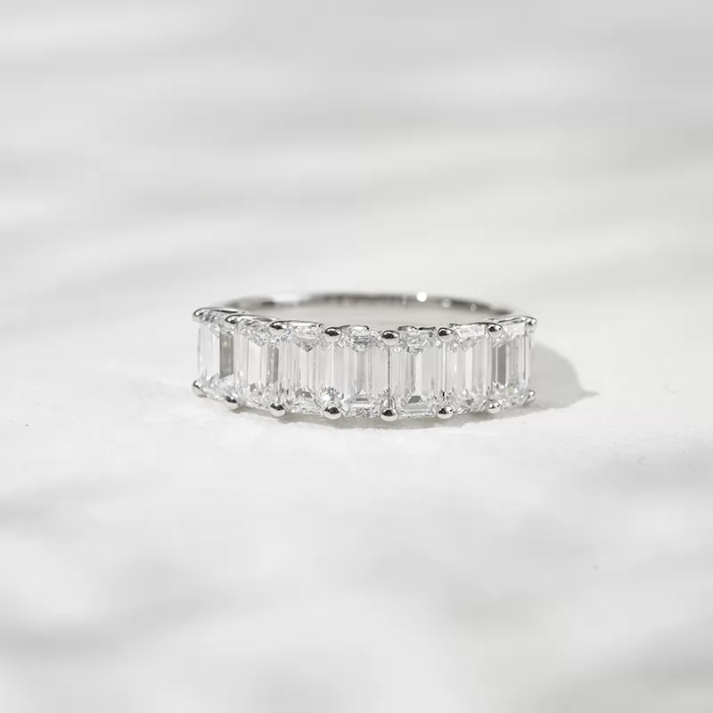 3×5mm Emerald Cut Lab Grown Diamond 18K White Gold Half circle Diamond Eternity Ring