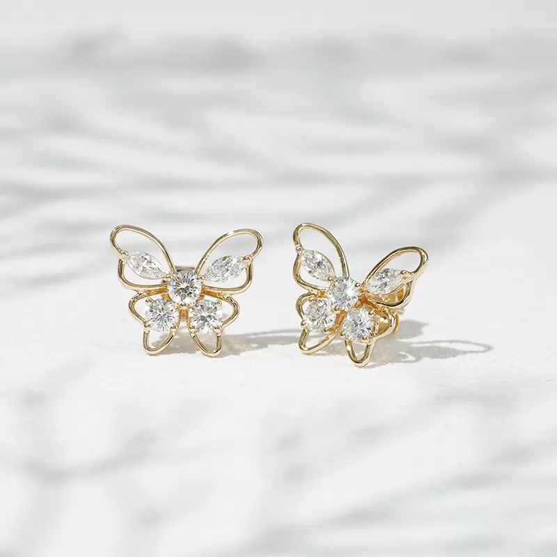 3.2mm Round Brilliant Cut & 2.3×4.5mm Marquise Cut Lab Grown Diamond Butterfly Shape 18K Gold Diamond Stud Earrings