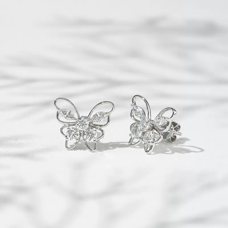 3.2mm Round Brilliant Cut & 2.3×4.5mm Marquise Cut Lab Grown Diamond Butterfly Shape 18K Gold Diamond Stud Earrings