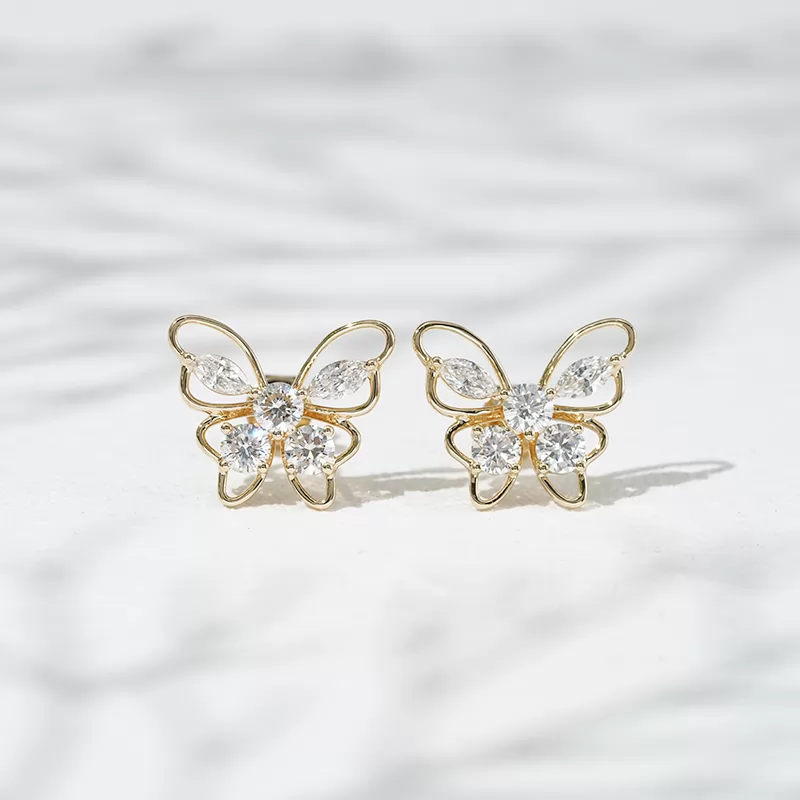 3.2mm Round Brilliant Cut & 2.3×4.5mm Marquise Cut Lab Grown Diamond Butterfly Shape 18K Gold Diamond Stud Earrings