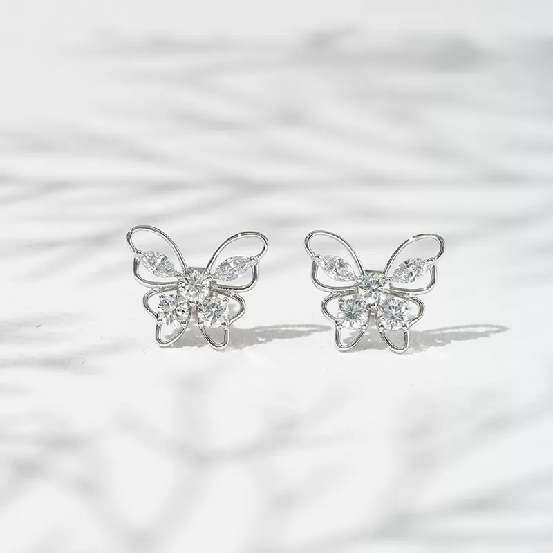 3.2mm Round Brilliant Cut & 2.3×4.5mm Marquise Cut Lab Grown Diamond Butterfly Shape 18K Gold Diamond Stud Earrings