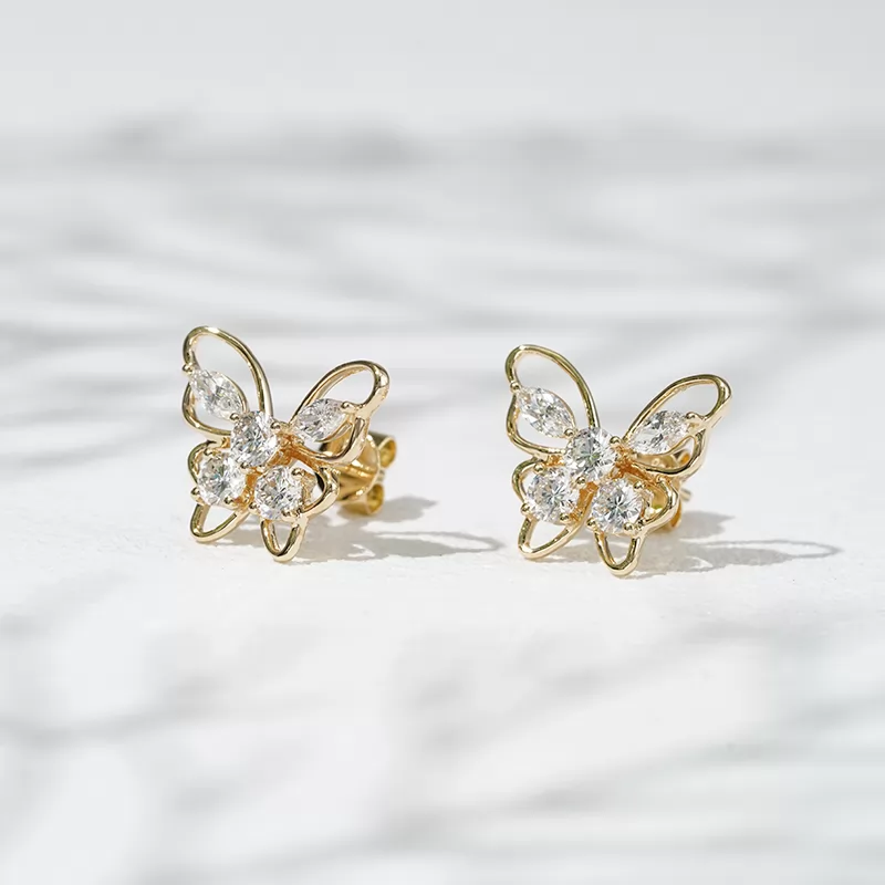 3.2mm Round Brilliant Cut & 2.3×4.5mm Marquise Cut Lab Grown Diamond Butterfly Shape 18K Gold Diamond Stud Earrings