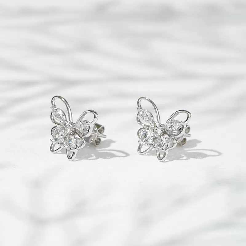 3.2mm Round Brilliant Cut & 2.3×4.5mm Marquise Cut Lab Grown Diamond Butterfly Shape 18K Gold Diamond Stud Earrings