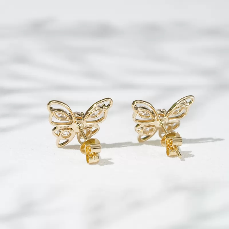 3.2mm Round Brilliant Cut & 2.3×4.5mm Marquise Cut Lab Grown Diamond Butterfly Shape 18K Gold Diamond Stud Earrings