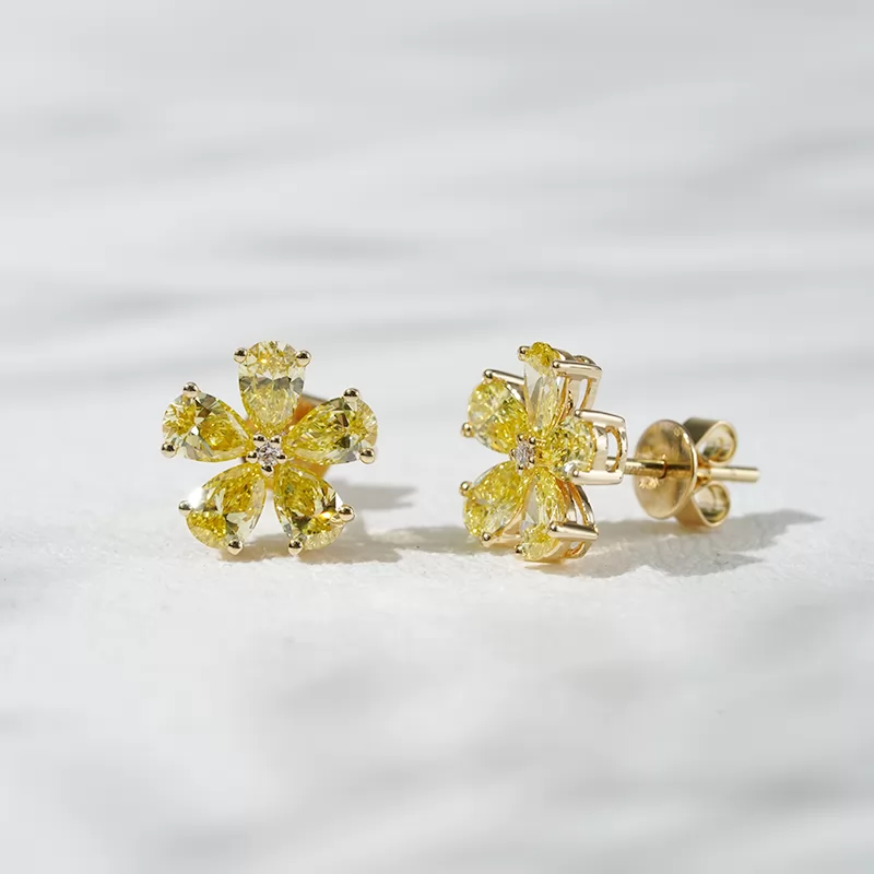 3×4.5mm Pear Cut Yellow Color Lab Grown Diamond Petals Shape Design 18K Yellow Gold Diamond Stud Earrings