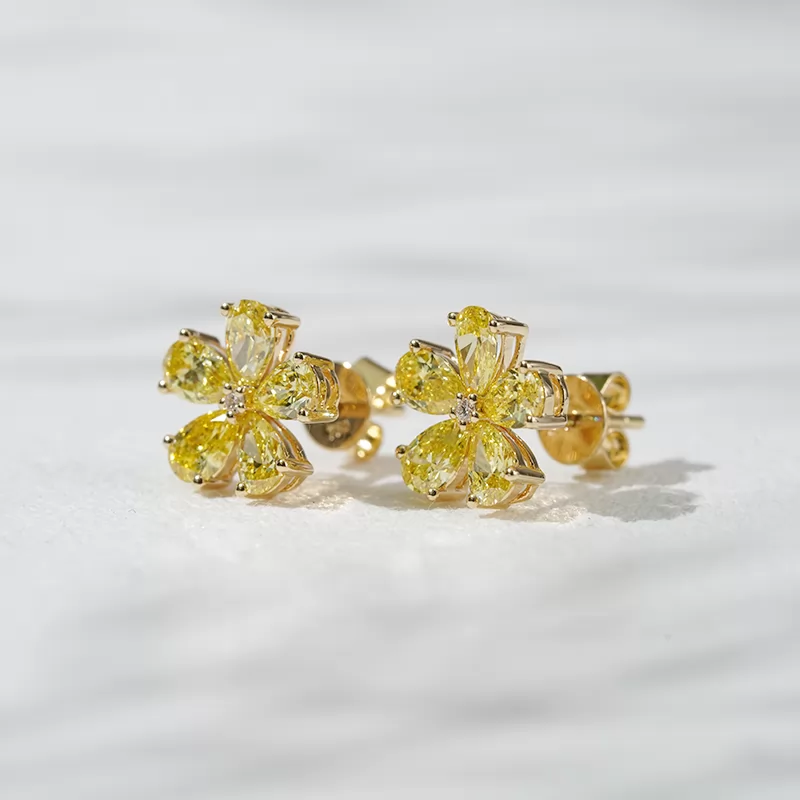 3×4.5mm Pear Cut Yellow Color Lab Grown Diamond Petals Shape Design 18K Yellow Gold Diamond Stud Earrings