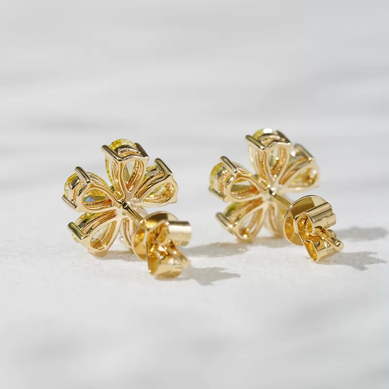 3×4.5mm Pear Cut Yellow Color Lab Grown Diamond Petals Shape Design 18K Yellow Gold Diamond Stud Earrings