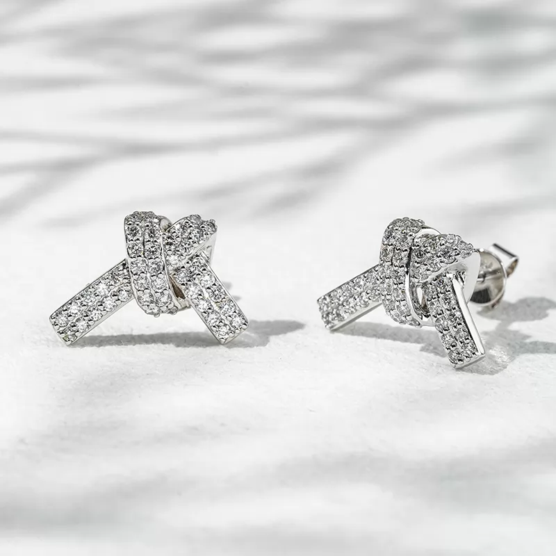 0.9mm Round Brilliant Cut Lab Grown Diamond Ribbon Knot Design 18K Gold Diamond Stud Earrings