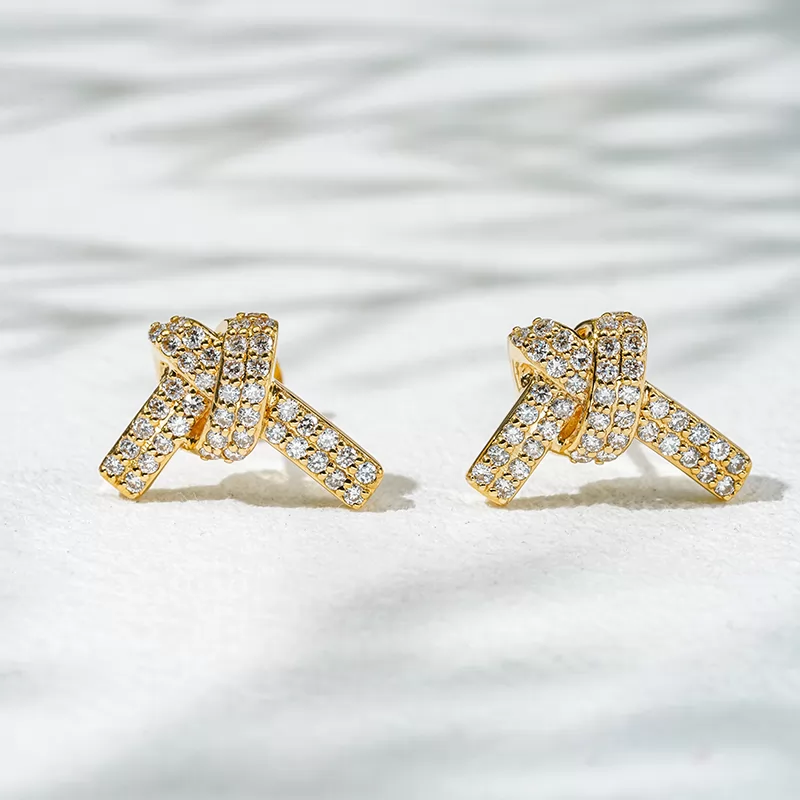 0.9mm Round Brilliant Cut Lab Grown Diamond Ribbon Knot Design 18K Gold Diamond Stud Earrings