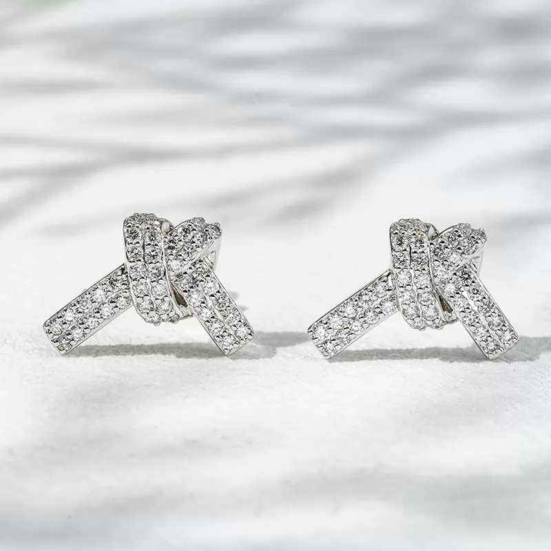 0.9mm Round Brilliant Cut Lab Grown Diamond Ribbon Knot Design 18K Gold Diamond Stud Earrings