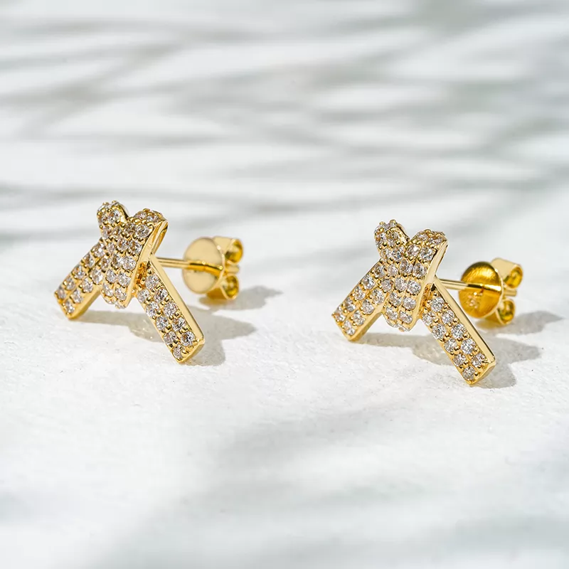 0.9mm Round Brilliant Cut Lab Grown Diamond Ribbon Knot Design 18K Gold Diamond Stud Earrings