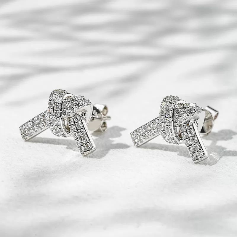 0.9mm Round Brilliant Cut Lab Grown Diamond Ribbon Knot Design 18K Gold Diamond Stud Earrings