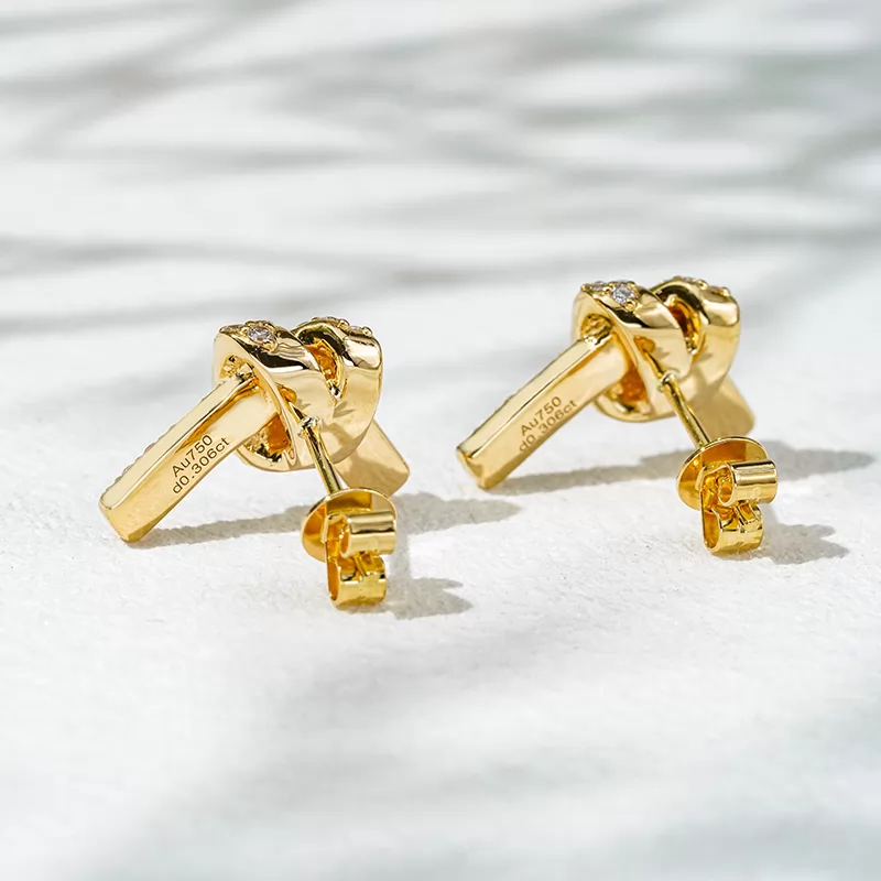 0.9mm Round Brilliant Cut Lab Grown Diamond Ribbon Knot Design 18K Gold Diamond Stud Earrings