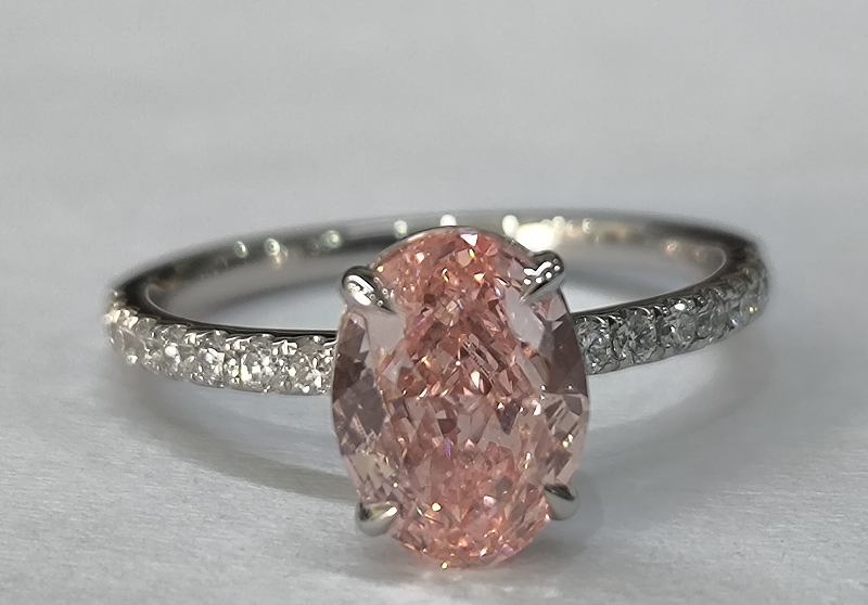 IGI Certified 2.08ct Oval Cut Pink Lab Diamond 18K White Gold Pave Engagement Ring