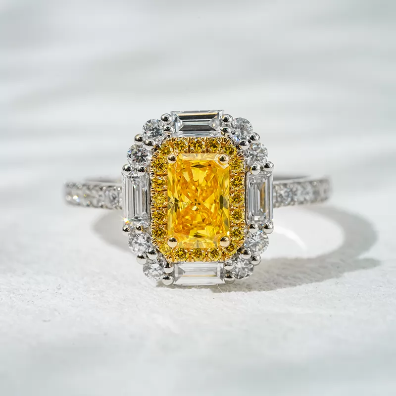 18K Gold Halo Set Radiant Cut Yellow Lab Grown Diamond Engagement Ring