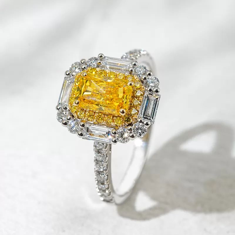 18K Gold Halo Set Radiant Cut Yellow Lab Grown Diamond Engagement Ring