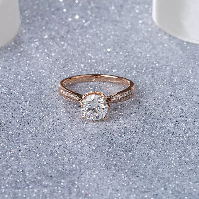 18K Rose Gold Double Row Set 1.0 Carat Round Lab Grown Diamond Pave Engagement Ring